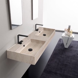 Bathroom Sink Beige Travertine Design Ceramic Wall Mounted or Vessel Double Sink With Counter Space Scarabeo 5116-E